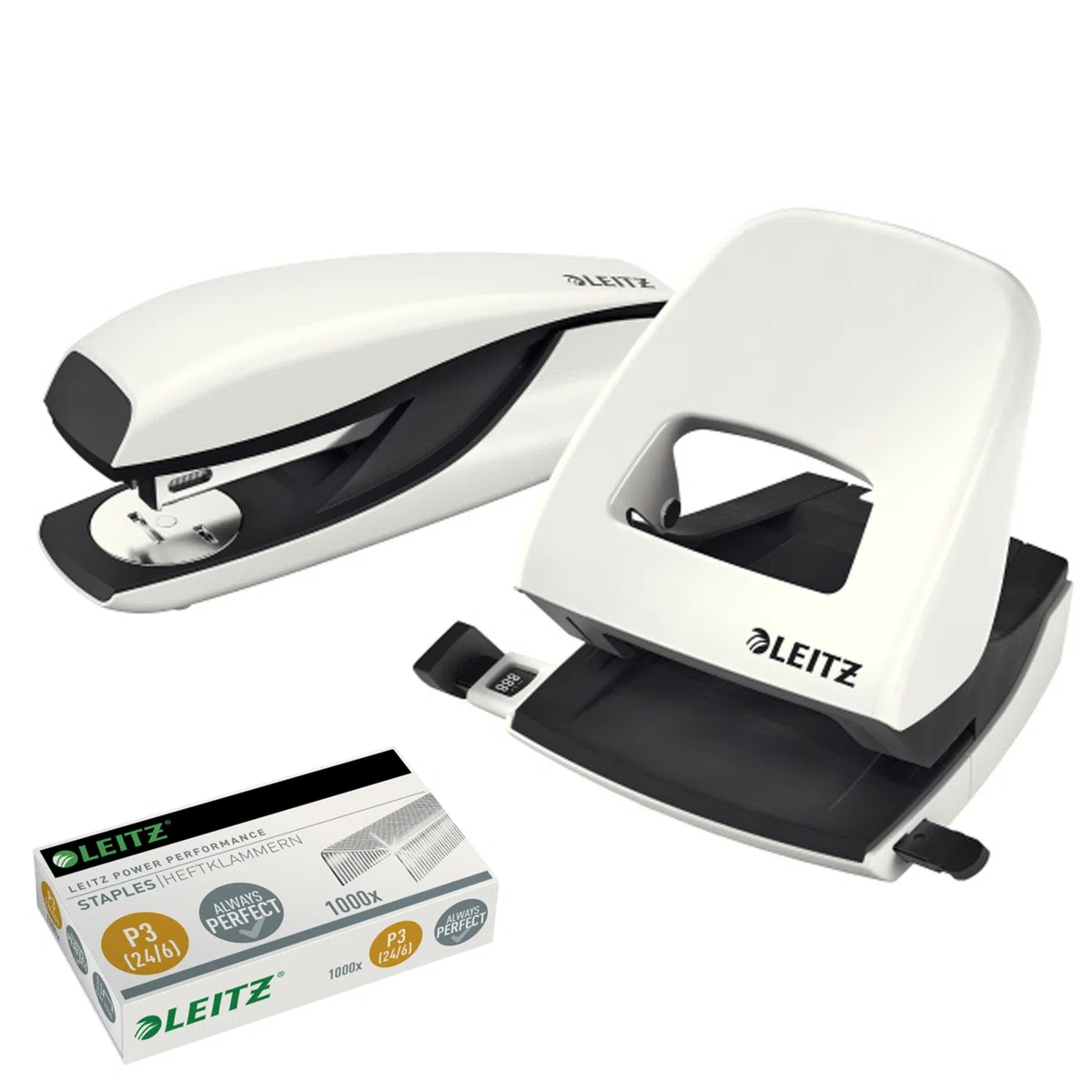 Leitz 5008 NeXXt Series Bürolocher, Metall, bis zu 30 Blatt/Kombi-Set mit Heftgerät + 1000 Klammern extra (Perlweiß)