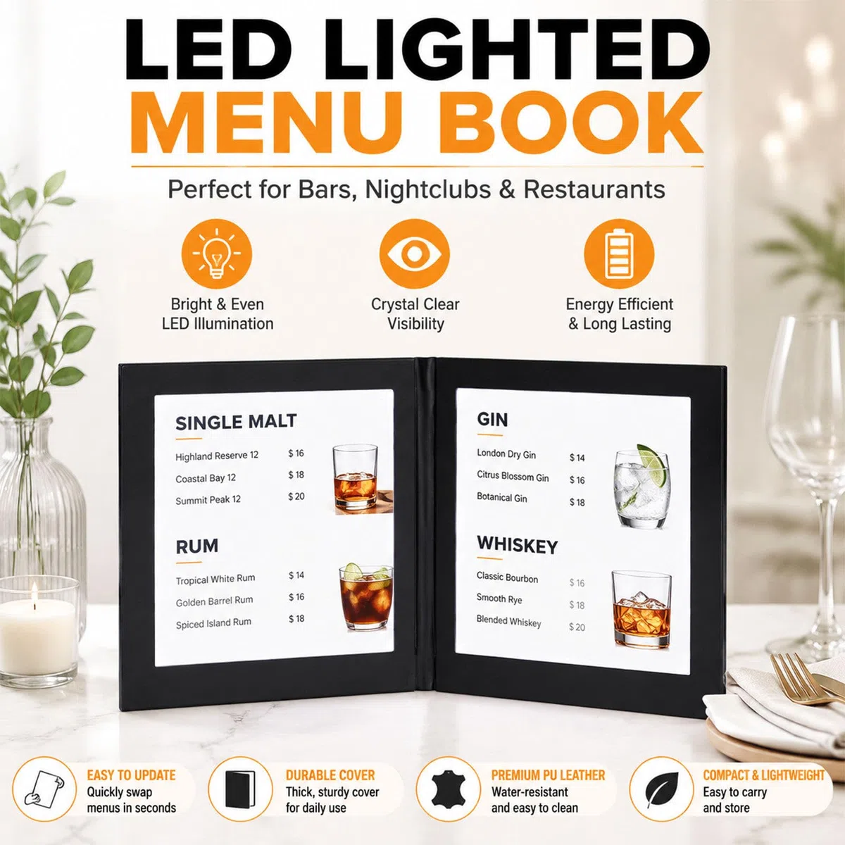 A4 Beleuchtete Menümappe LED, Mehrseitiger Wiederaufladbarer Speisekartenhalter für Gastronomie A4FourSide5Pack