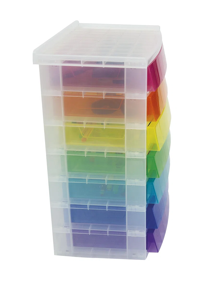 TimeTEX - Schubladen-Box Regenbogen | Schubladen-Box in 7 Farben, ideal für die Organisation und als Hingucker auf dem Schreibtisch. Aus 100% recycelbarem Polypropylen | Inhalt: 7 Schubladen