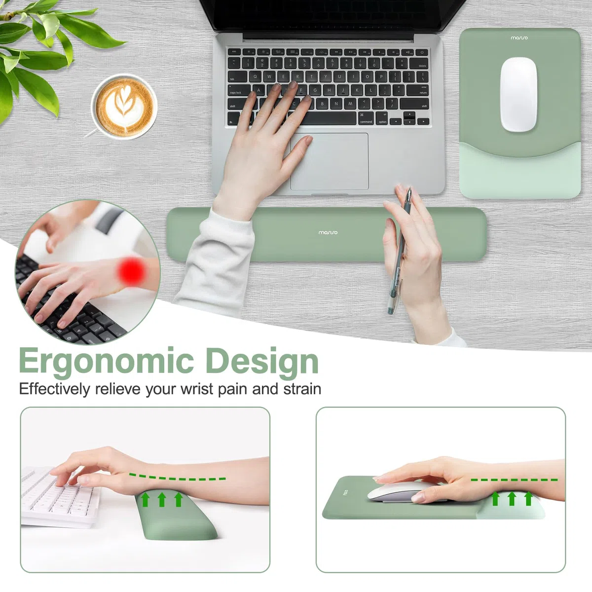 MOSISO Tastatur Mauspad Set, Großes Schreibtischunterlage Desk Mat & Rechteckige Handballenauflage Tastatur & Handgelenkauflage Ergonomisches Mauspad & Untersetzer - Rutschfestes, Büro,Antikes Grün