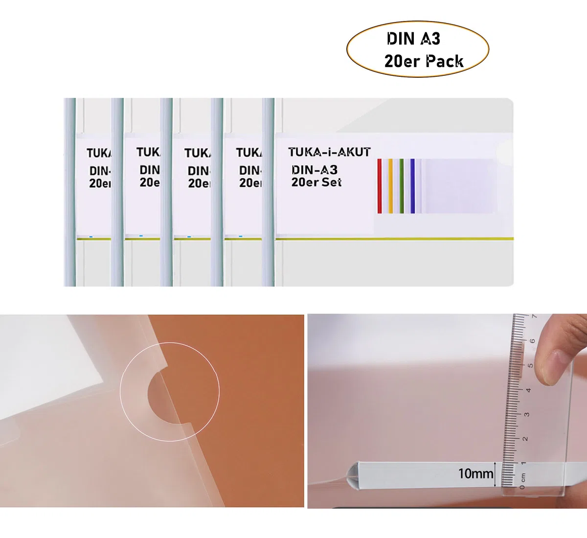 TUKA-i-AKUT 20st. A3 Sliding Bar Binder, PP Transparent Klemmschienen Berichte Umschlag, Abdeckungen Grip Binding Bars Dokumente Klassifizierung, 20er Set, Schiebe Bar in Weiß, TKD8041-A3-W-white-20x