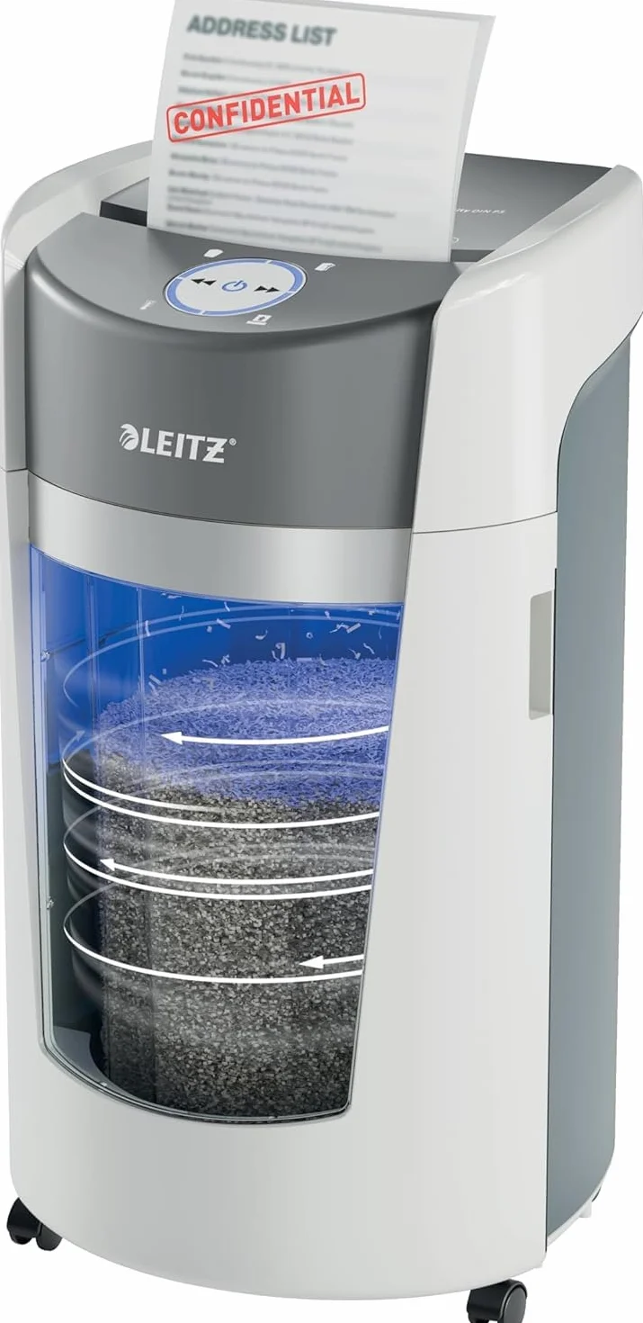 Leitz IQ Optimax Office 550 P5 Aktenvernichter, Mikroschnitt, Einzigartige Behälterrotation, 33% mehr Behälterkapazität, 550xA4 (35l-Behälter), 12-10 Blatt (70-80 g/m²), 120 Min Laufzeit, 83600000
