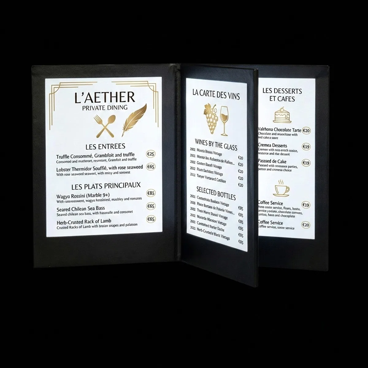 A4 Beleuchtete Menümappe LED, Mehrseitiger Wiederaufladbarer Speisekartenhalter für Gastronomie A4FourSide5Pack