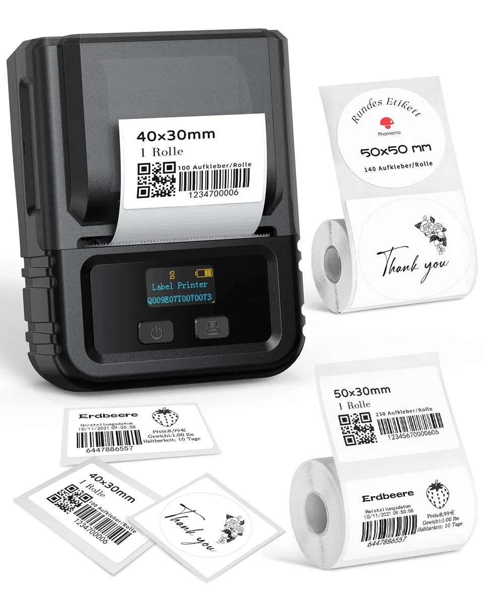 Phomemo M120 Etikettendrucker mit 3 Rollen Etikettenpapier, Bluetooth Thermo Beschriftungsgerät,Tragbare Monochrom Etikettiergerät für kleine Unternehmen, Heimetiketten, for iOS & Android