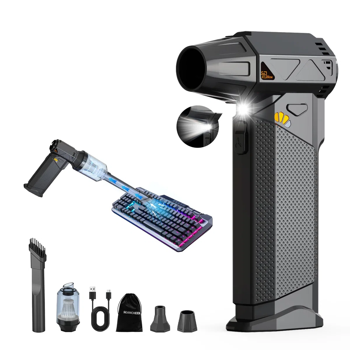 SEANCHEER 2-in-1 Elektrische Staubgebläse & Mini Staubsauger, 180000 U/min Stufenlose Drehzahlregelung Compressed Air Duster, 8000mAh Akku, für PC/Sofa/Auto. (Schwarz - mit Staubsauger)