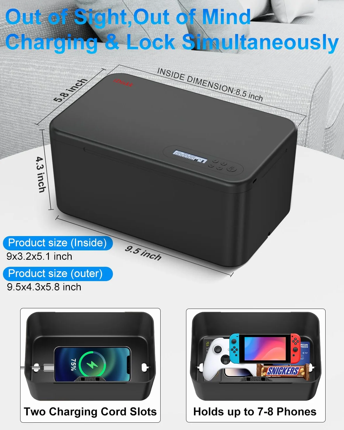 iDiskk Safe Timed Lock Box, Telefonschlossbox mit Timer, Trennen von Handys, Standard-Selbststeuerungs-Timer-Schlossbox für Suchtmanagement, Schwarz