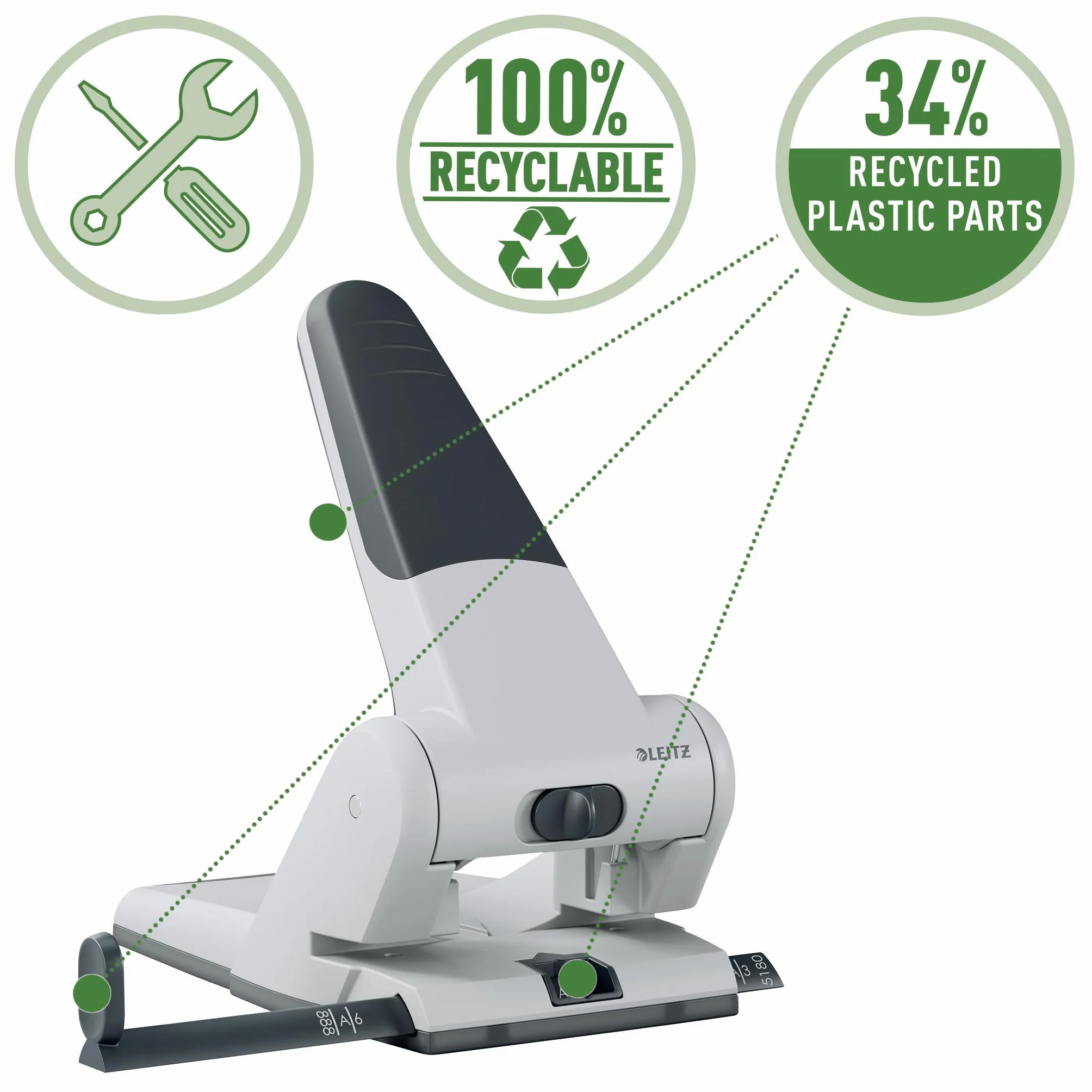Leitz Extrastarker Registratur-Locher, Für 65 Blatt, Großer leistungsstarker Locher für müheloses Lochen im Büro, Aus Aluminiumdruckguss, recycelte Kunststoffteile, 100% recycelbar, Schwarz, 51800095