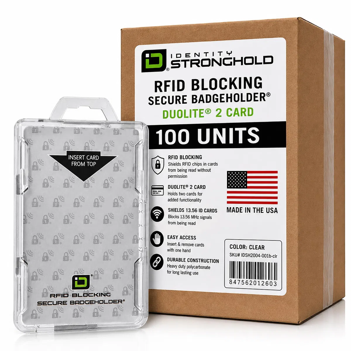 ID Stronghold Duolite Ausweishalter für 2 Ausweise, RFID-blockierend, Polycarbonat, robuster Hartplastik-Ausweishalter, geformt und montiert in den USA (transparent, 100)