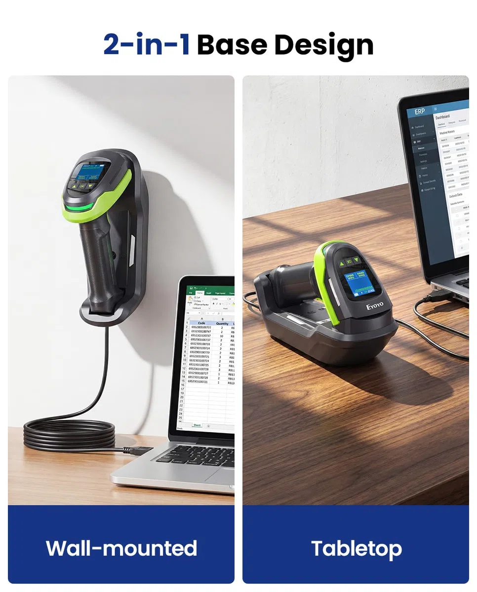 Eyoyo Barcode-Scanner kabellos mit Bildschirm: Pro 1D 2D QR Bluetooth-Scanner, Wandhalterung mit Ladestation und Verriegelung, 2900 mAh austauschbarer Akku, 1,44-Zoll-LCD-Tastatur