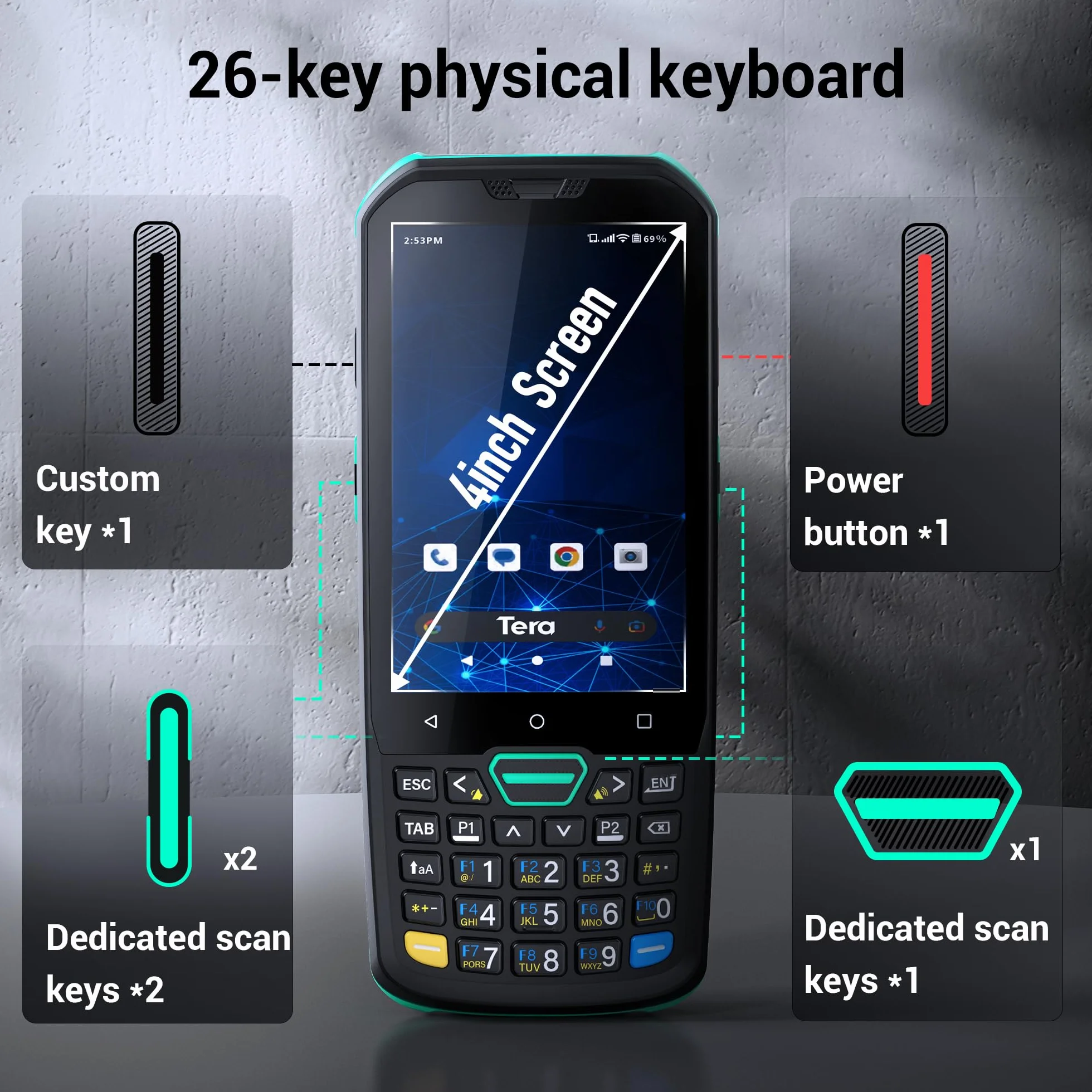 Tera Android 11 Barcode-Scanner mit 26 Tasten HS7-Scan-Engine IP67 robust 4+64GB 5100 mAh Akku QC 3.0 Schnellladung 4” Touchscreen mobiles Terminal für Lagerbestandsscanner Modell P400