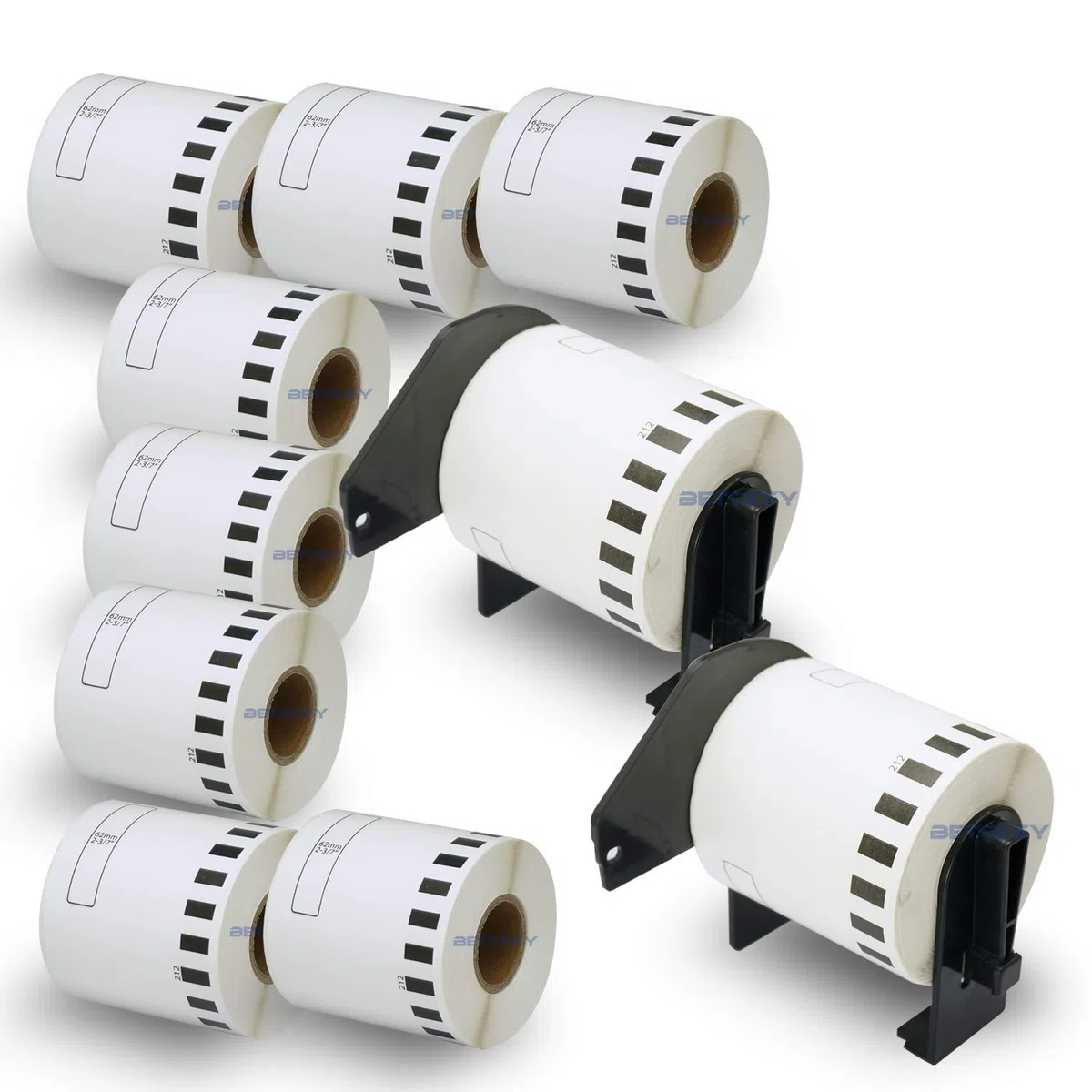BETCKEY - 10 Rollen DK-22212 Endlosetiketten (Film) Kompatibel mit Brother, 62mm x 15.24m, 10 Etiketten für Brother QL Etikettendrucker (2 Wiederverwendbare Etikettenhalter)