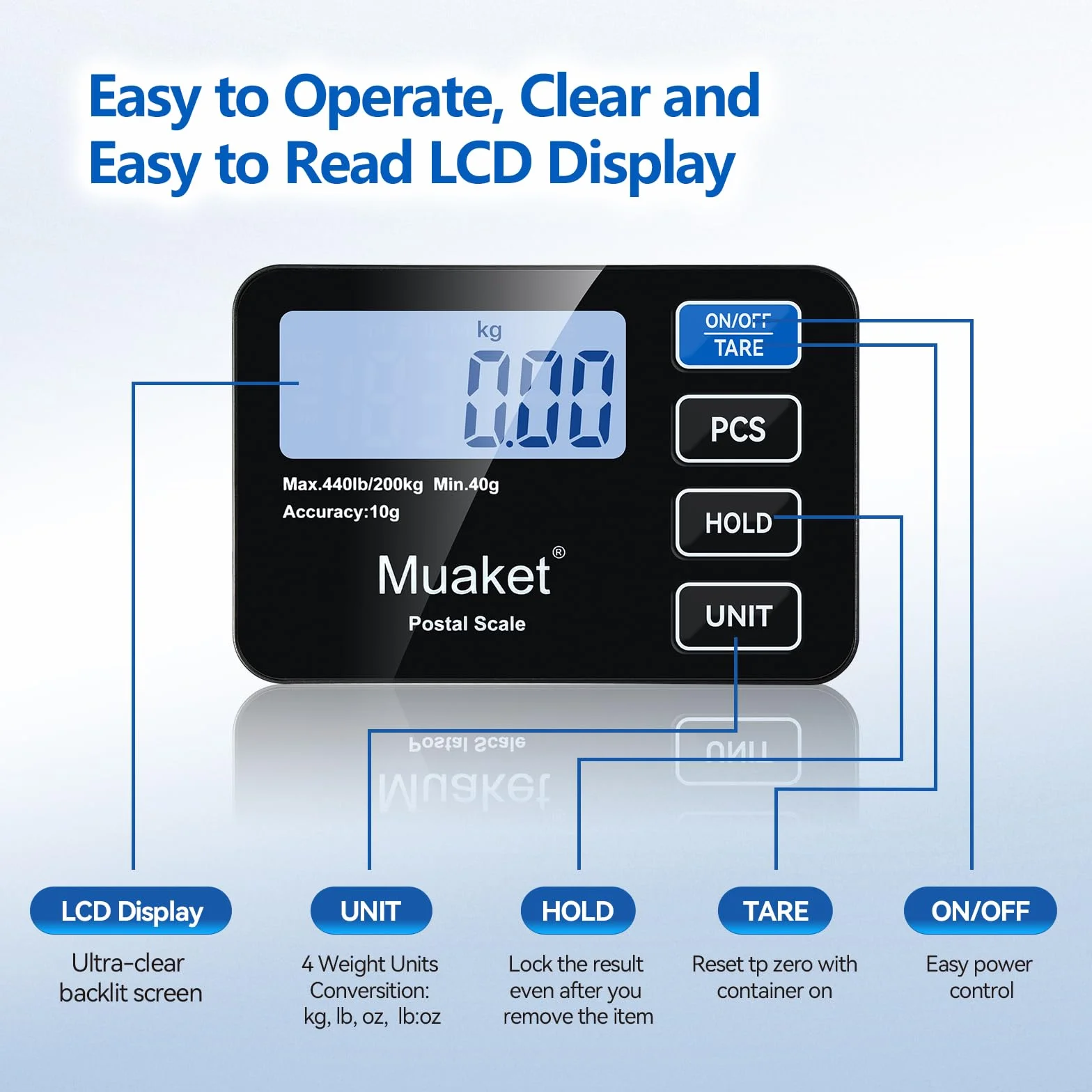 200kg/10g Paketwaage, Digitale Plattformwaage mit Halte und Tarafunktion, hochpräzise Waage mit LCD-Display, Postal scale für Gepäck, Pakete und Lager, inklusive 2 AAA-Batterien und Ladekabel