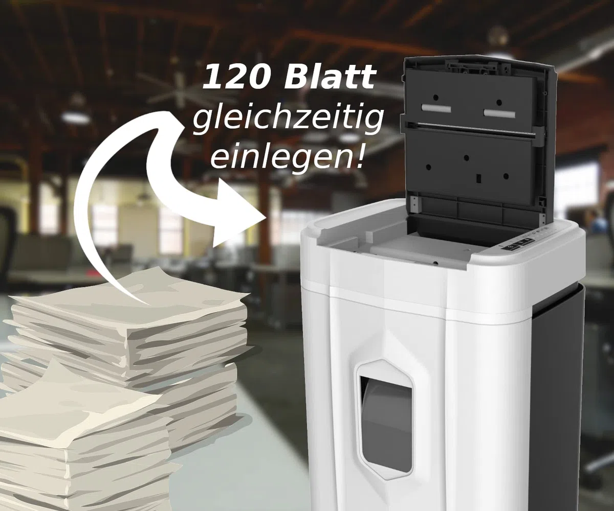 NEU Aktenvernichter, Papierschredder bis 120 Blatt gleichzeitig, Autofeed Schredder, P4, Reisswolf mit 19L Papierkorb, Extrem leise mit nur 65dB, Kreuzschnitt Partikelschnitt, Automatische Abschaltung
