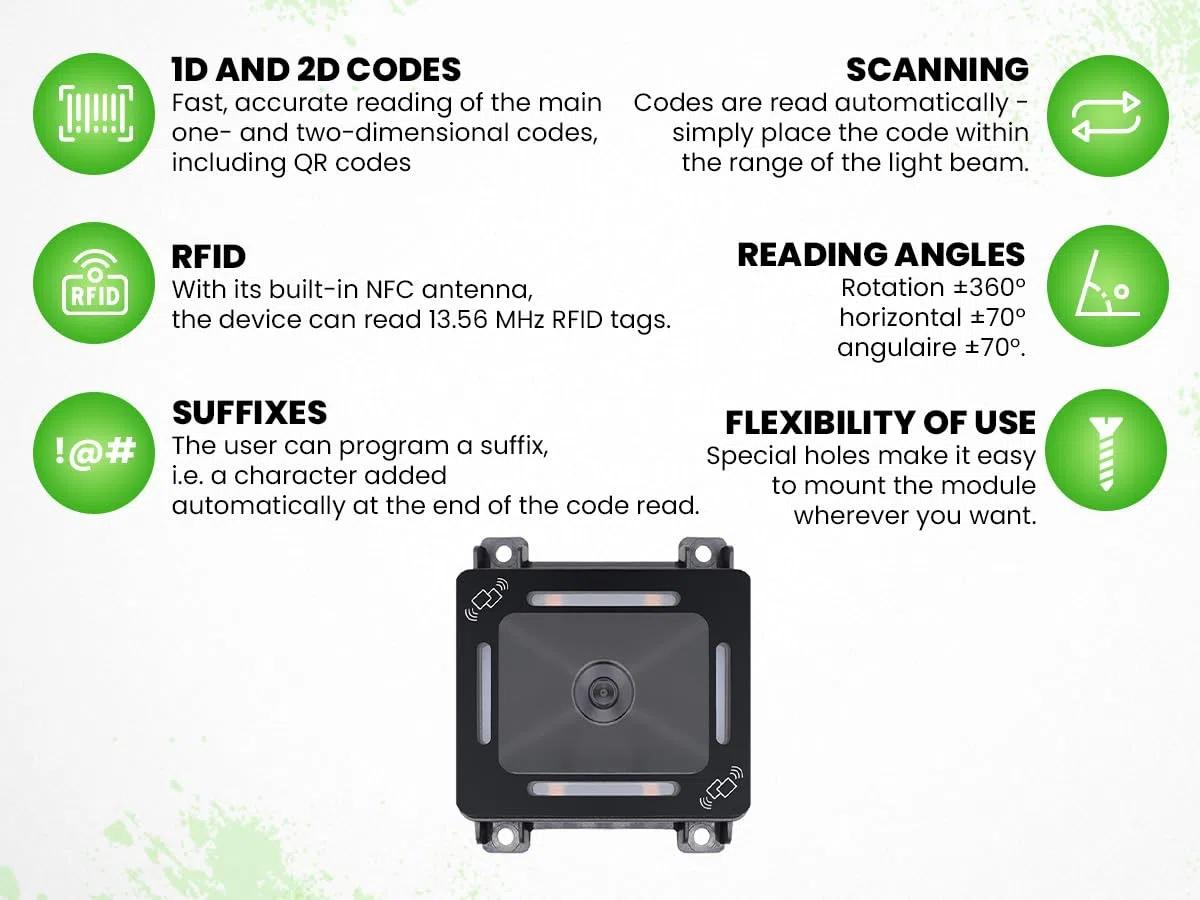 HDWR HD-SM820 Scanmodul 1D 2D QR mit RFID-Leser, RS232, eingebettet | Einbaumodul mit CMOS-Matrix, kompaktes Design, für Kioske, Automaten und Zutrittssysteme