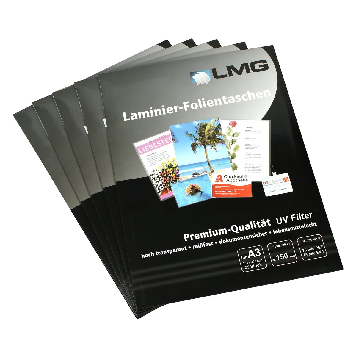 LMG LMGA3-150UV-25 Laminierfolien A3, 303 x 426 mm, 2 x 150 mic mit UV Filter, 25 Stück