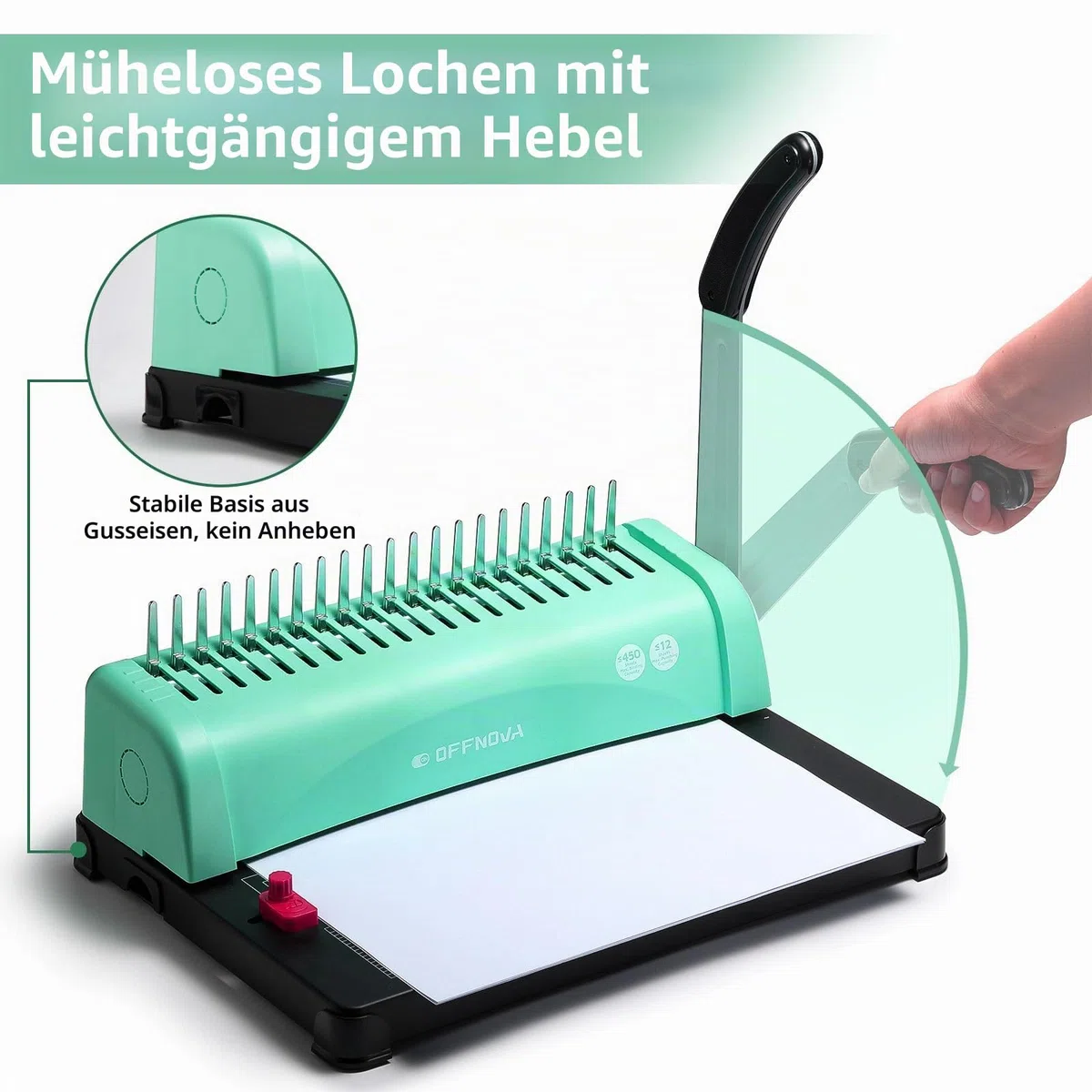 OFFNOVA Bindemaschine 21-Loch 450 Blatt Bindegerät, Spiralbindung Buchbinder Maschine mit Starter Kit Kamm Bindung Stacheln, für tägliche Office-Dokumente