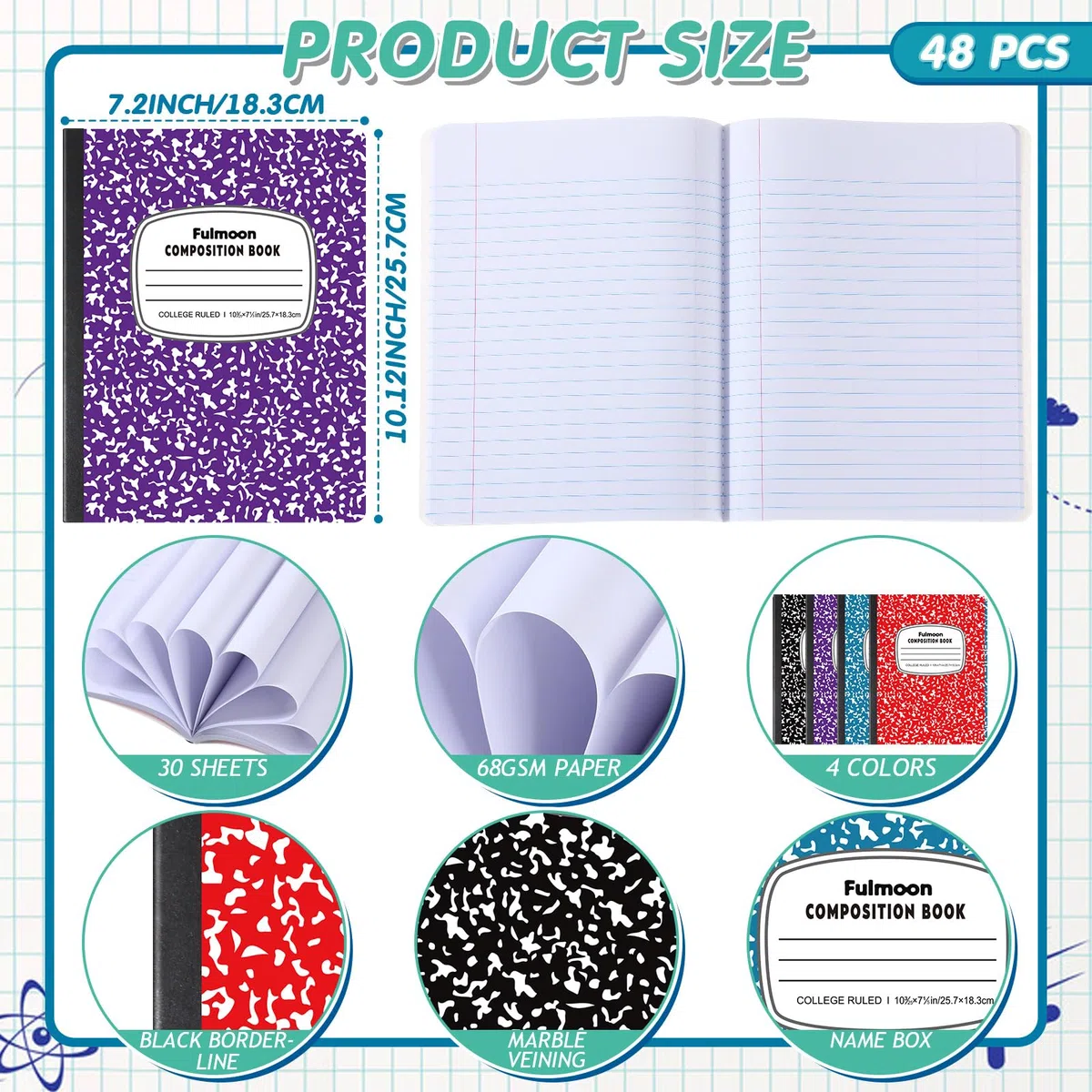 Fulmoon Kompositions-Notizbuch, College-Notizbuch, liniert, Hardcover, 30 Blatt/60 Seiten, für Schule, College, Tagebuch, Schreibprogramme, Kunstrezepte, 26 x 18 cm, bunt, 48 Stück