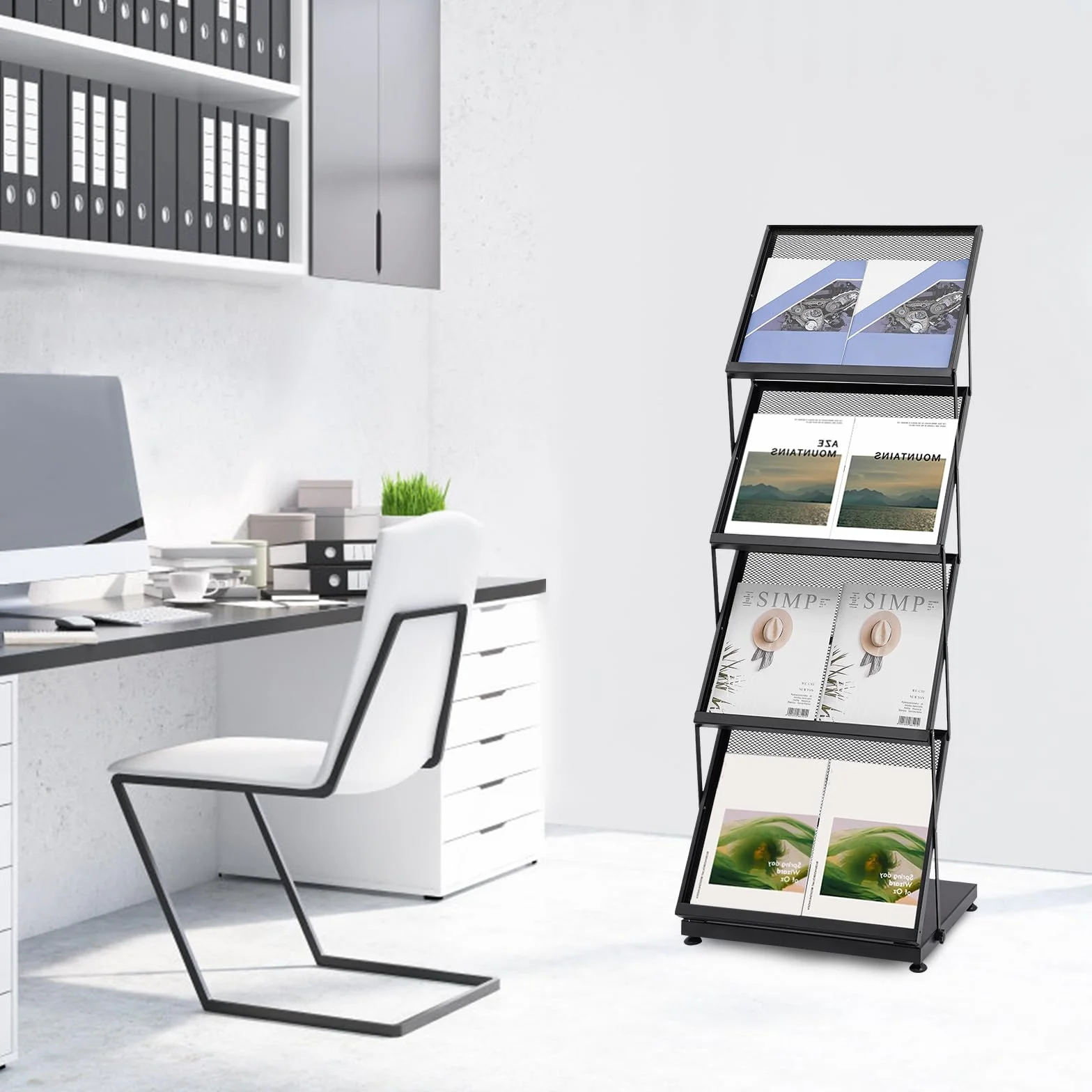 Falt Prospektständer A3 4 stufige Faltbare Stehend Prospekthalter Bodenprospektständer Hochformat Kataloghalter für Haus Büro Ständer Messe 46x37x132cm