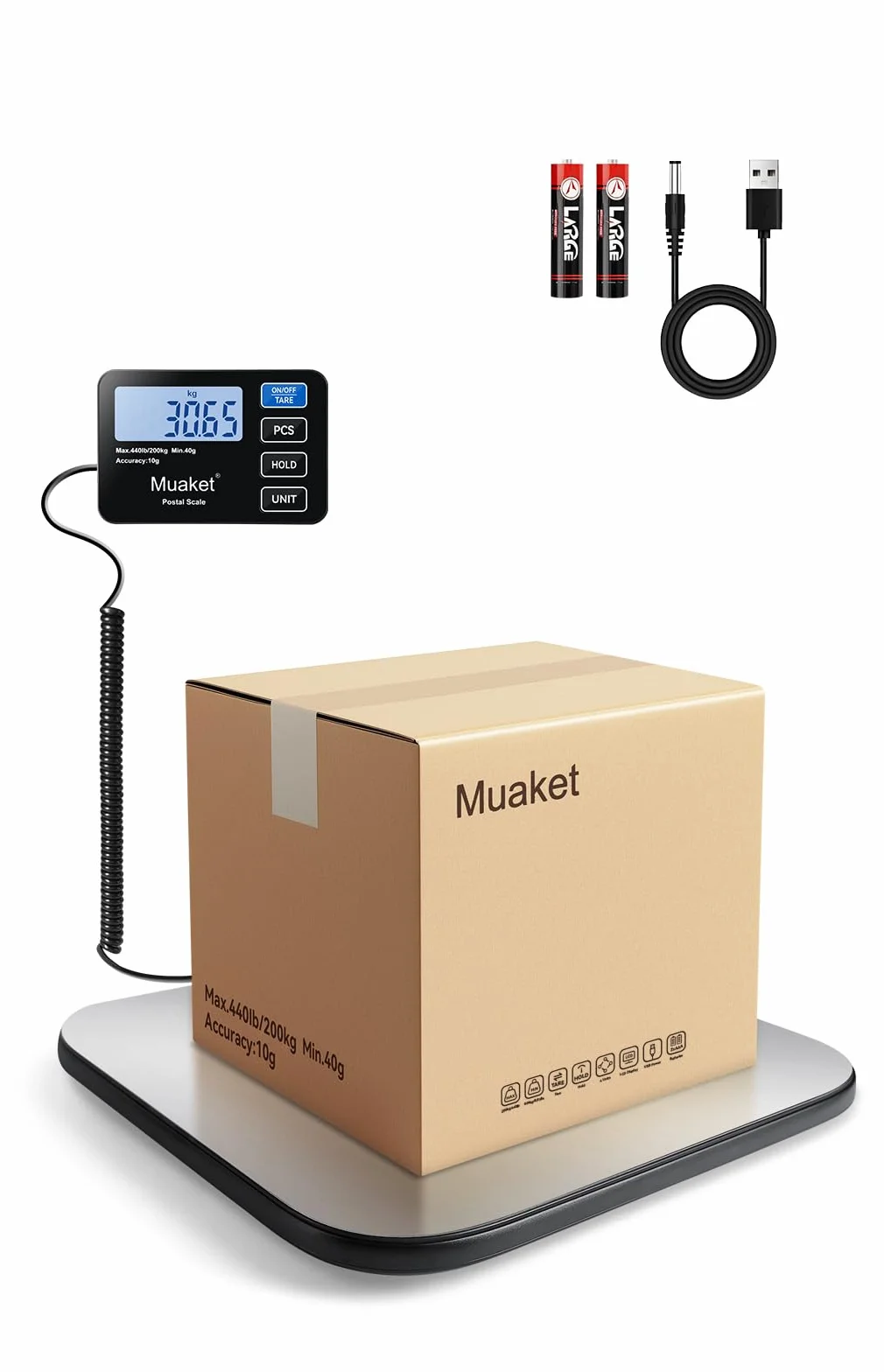 200kg/10g Paketwaage, Digitale Plattformwaage mit Halte und Tarafunktion, hochpräzise Waage mit LCD-Display, Postal scale für Gepäck, Pakete und Lager, inklusive 2 AAA-Batterien und Ladekabel
