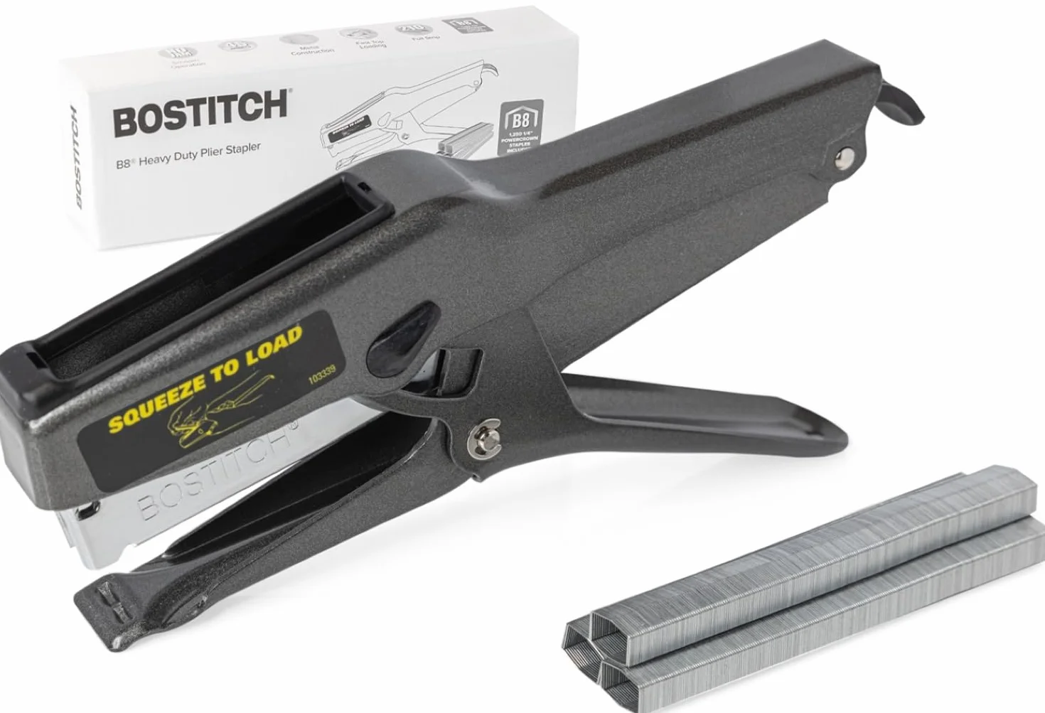 Bostitch Office B8 Heftgerät, robuste Zange mit Heftklammern, 45 Blatt, kein Stau – Vollstreifen, Metall, Papier, Stoff. | Vollstreifen-Metall Bostitch Heftgerät für Karton, Papier und Stoff (45 Blatt Kapazität)