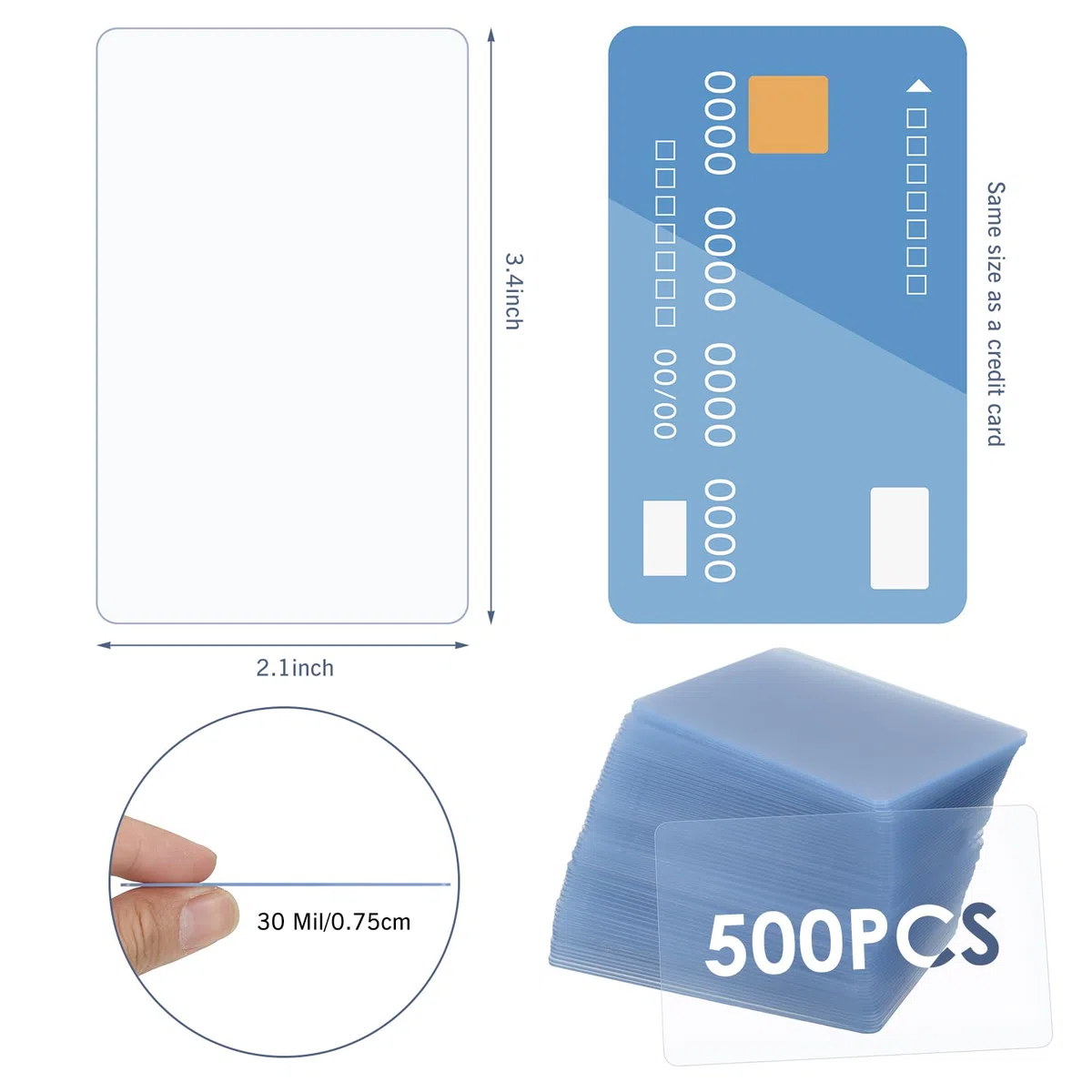 Yexiya Transparente Kunststoff-PVC-Karten für Ausweis-Drucker, Grafikqualität, CR80, 30 mm, blanko, Visitenkarten, für Kreditkarten, passend für die meisten Foto-Ausweis-Drucker, 500 Stück